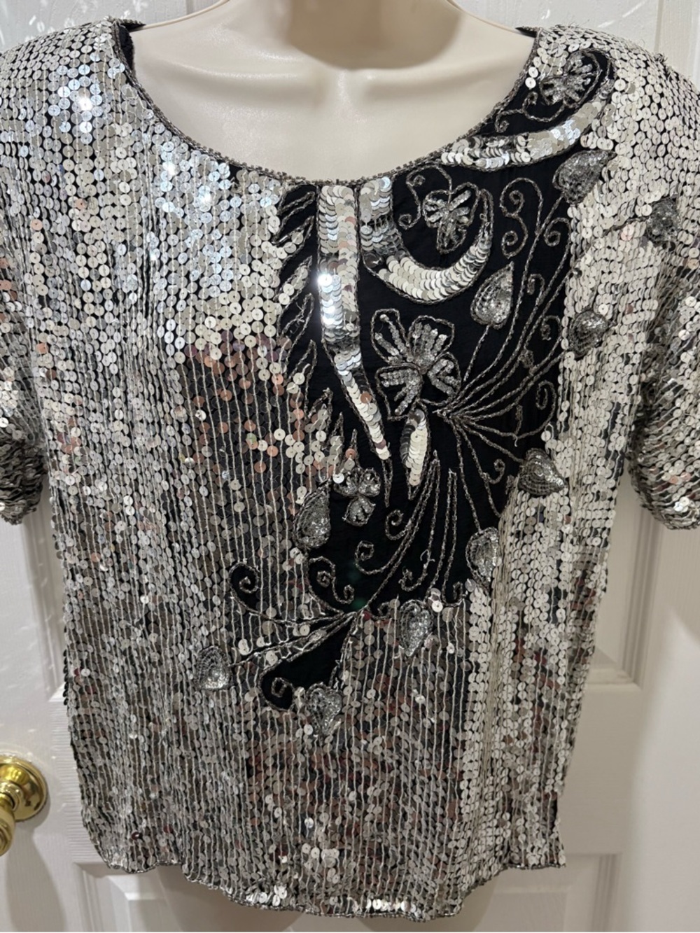 Jean for Joseph Le Bon Silver Sequin Embellished Top with Black Appliqué